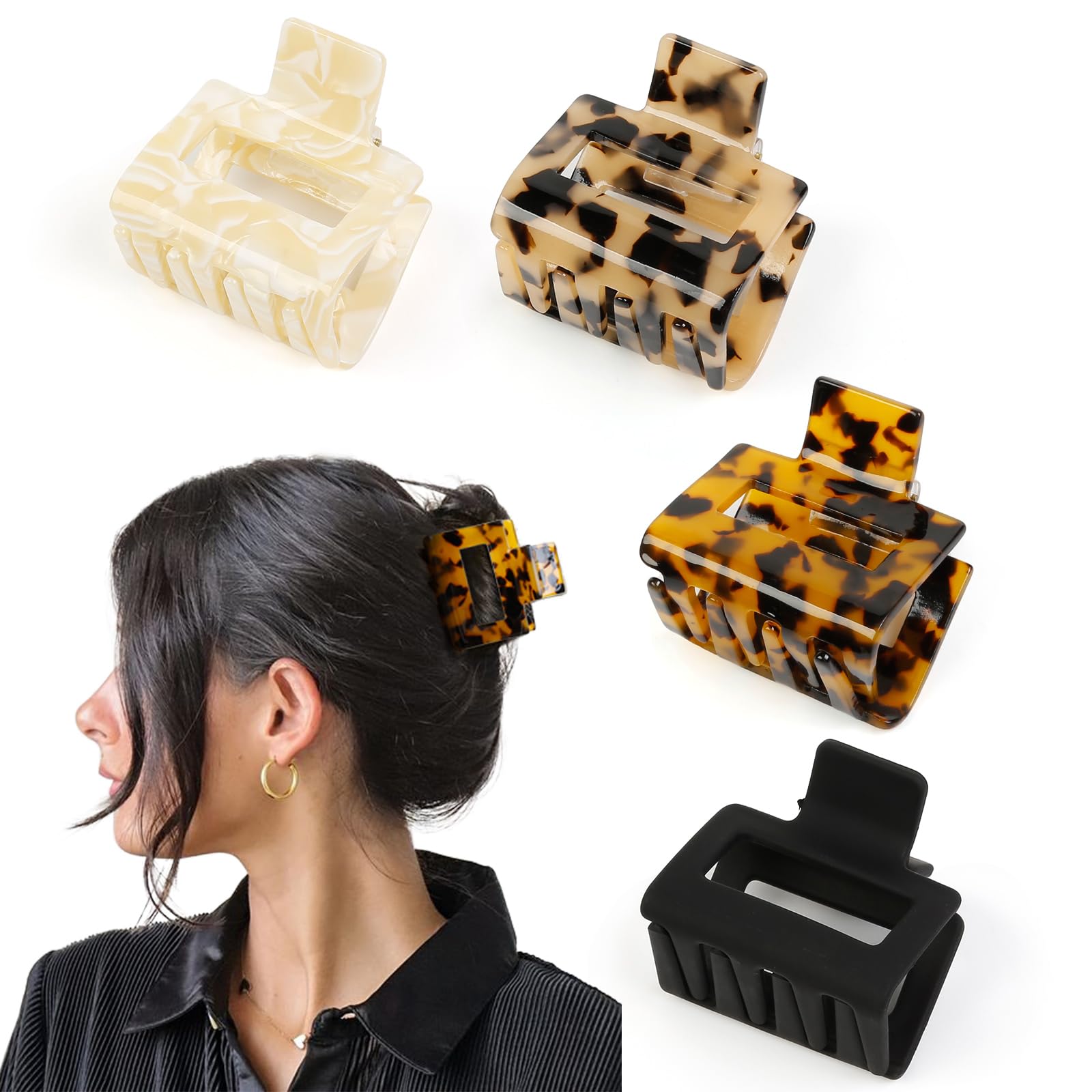 TEBIEKOY front view of four small claw clips showing color variety and practicality