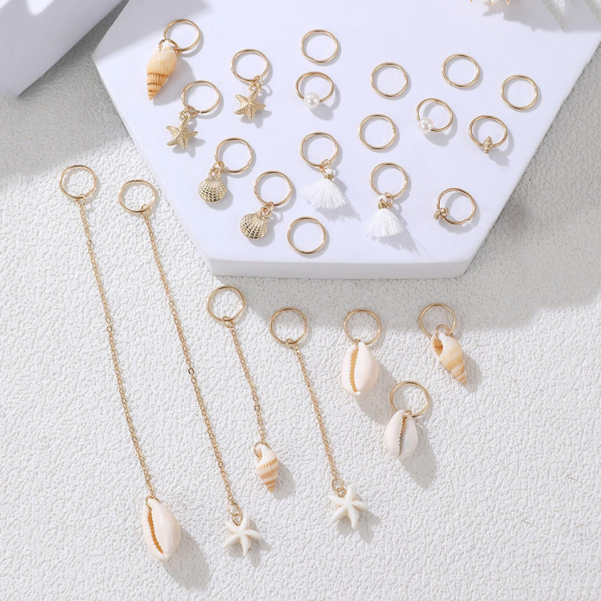 TEBIEKOY gold hair charms spread showing all 24 pieces and variety