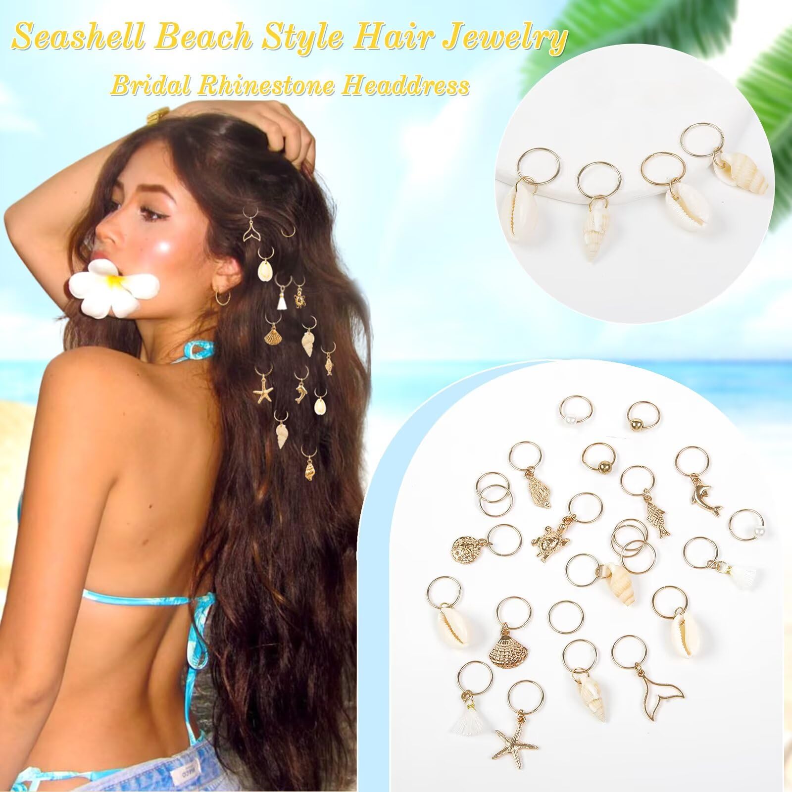 TEBIEKOY charms in braids on model at beach illustrating summer-ready styling