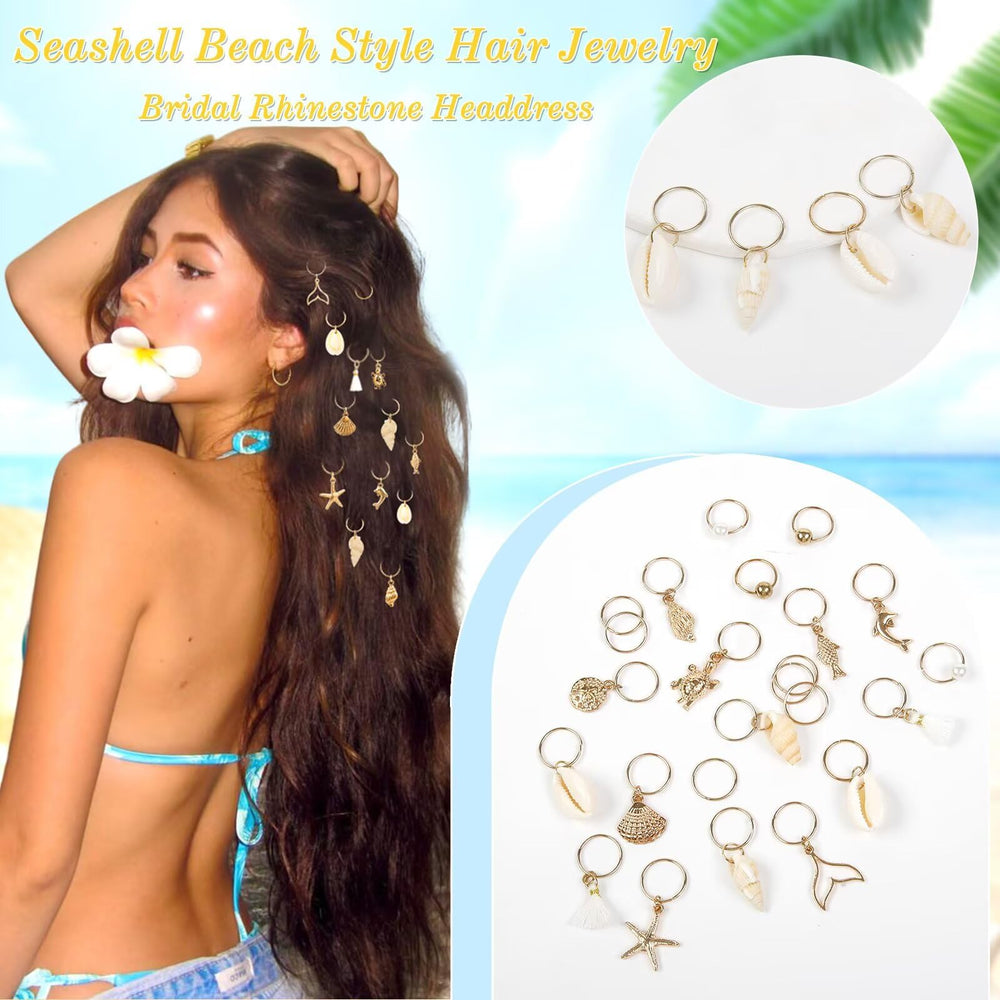 TEBIEKOY charms in braids on model at beach illustrating summer-ready styling