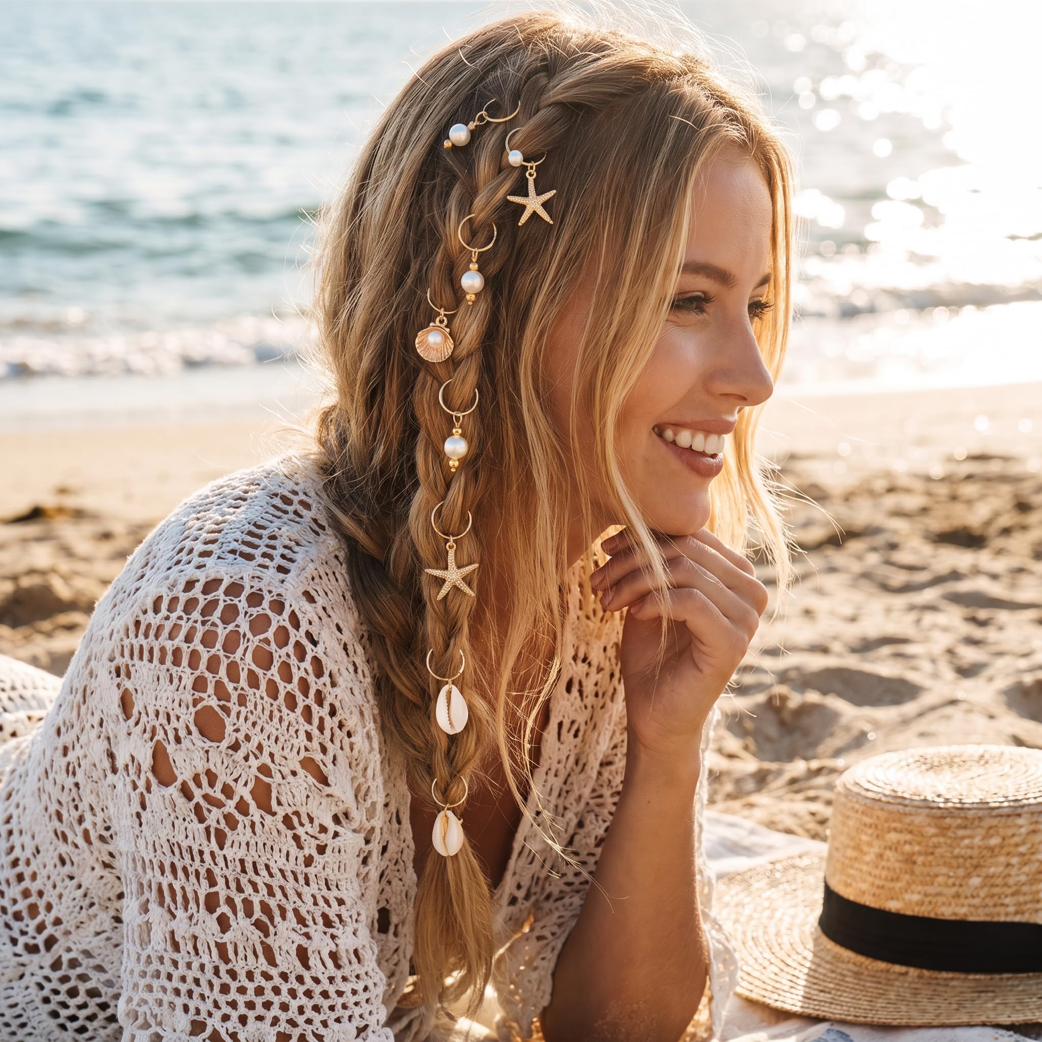 TEBIEKOY beach updo with charms illustrating summery, coastal accessory appeal