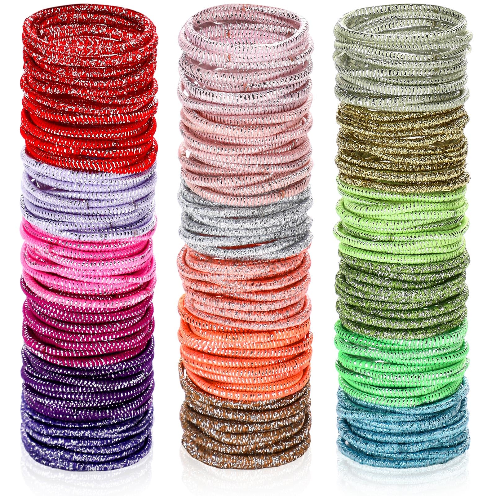 TecUnite front pack of glitter hair elastics showing quantity and colors, convenient supply