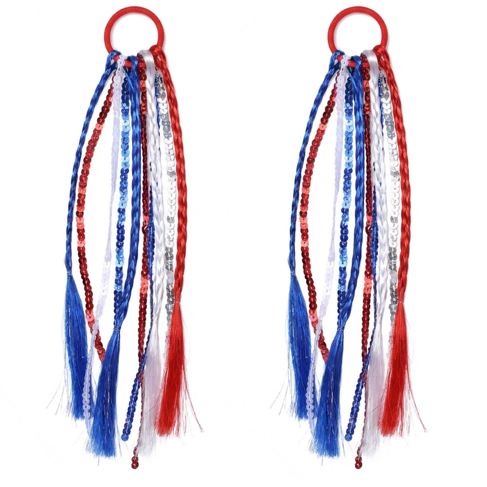 Tedercle front view of two patriotic tassel hair ties showing festive colors and secure hold