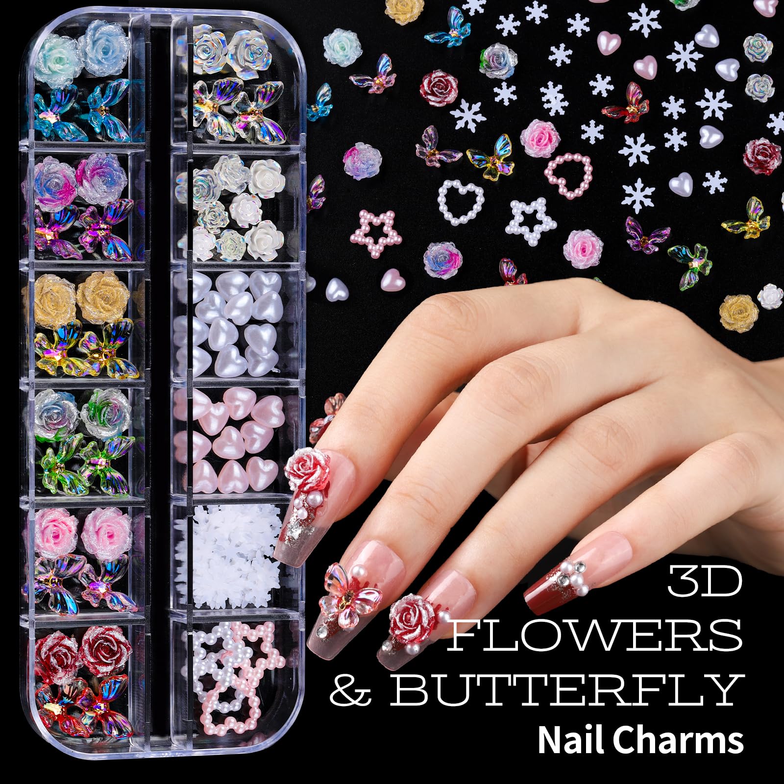 Teenitor close-up of 3D flower and butterfly charms highlighting delicate detail