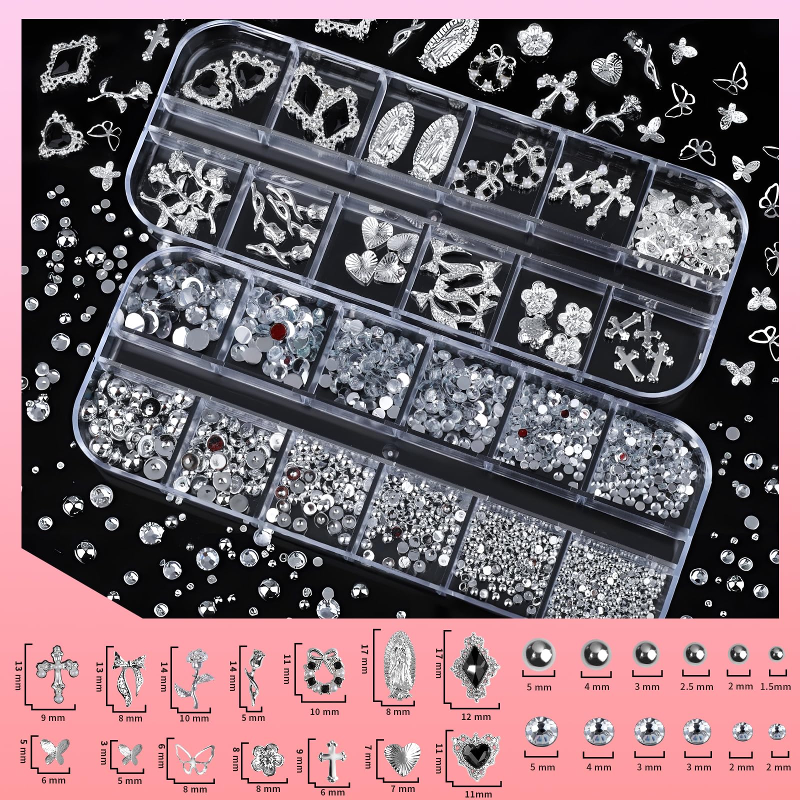 Teenitor 3D silver charms close-up highlighting shapes and luxurious texture for statement nails