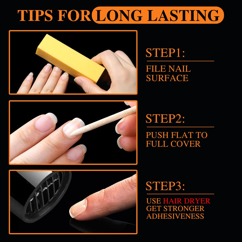 Teenitor hand applying a tab then pressing a press-on nail for fast application