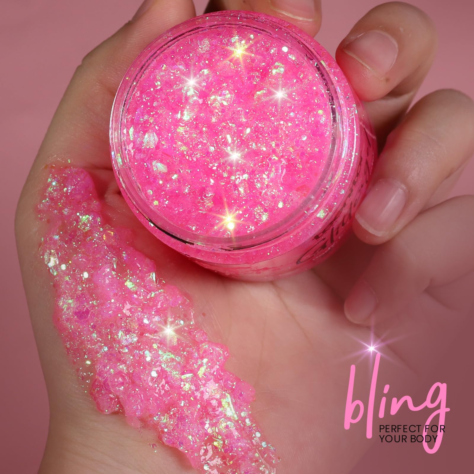 Teenitor glitter gel applied to cheek creating bright pink festival shimmer that lasts