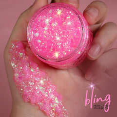 Teenitor glitter gel applied to cheek creating bright pink festival shimmer that lasts