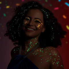 Teenitor applied on cheekbone demonstrating glow for striking festival looks