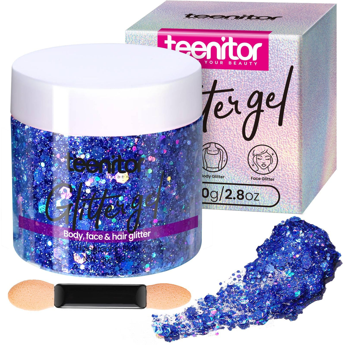 Teenitor blue glitter jar front showing holographic gel, convenient travel size