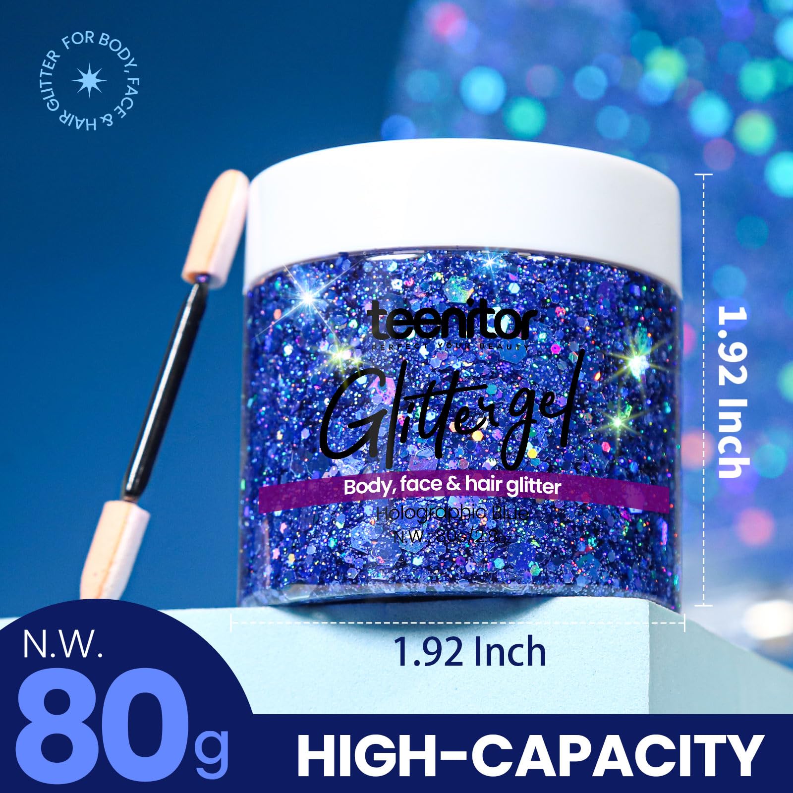 Close-up texture of Teenitor gel glitter showing shimmer and smooth spread
