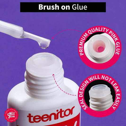 Teenitor brush applicator close-up applying precise glue for neater press-on results
