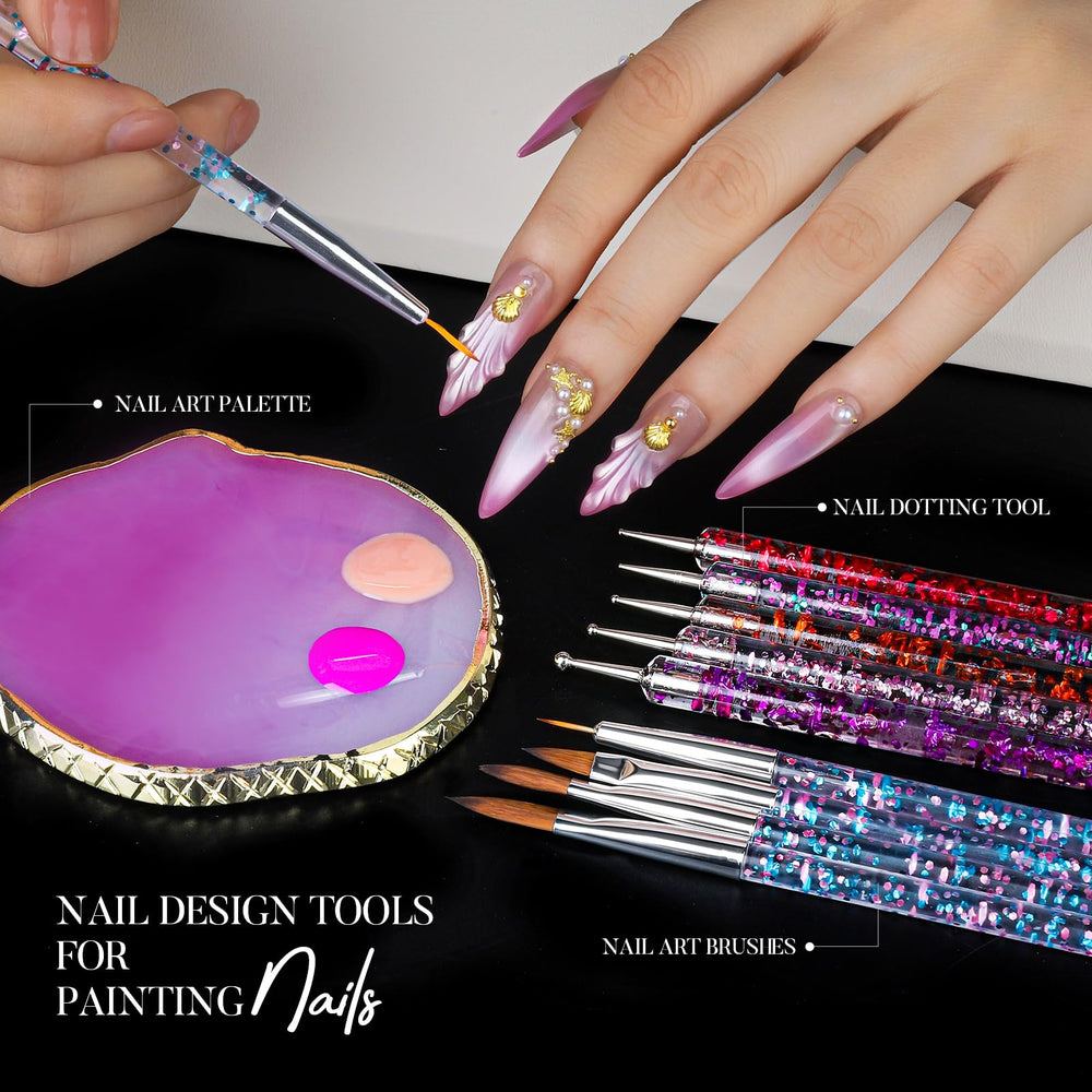 Teenitor brushes and dotting tools laid out for precise lines and dot patterns