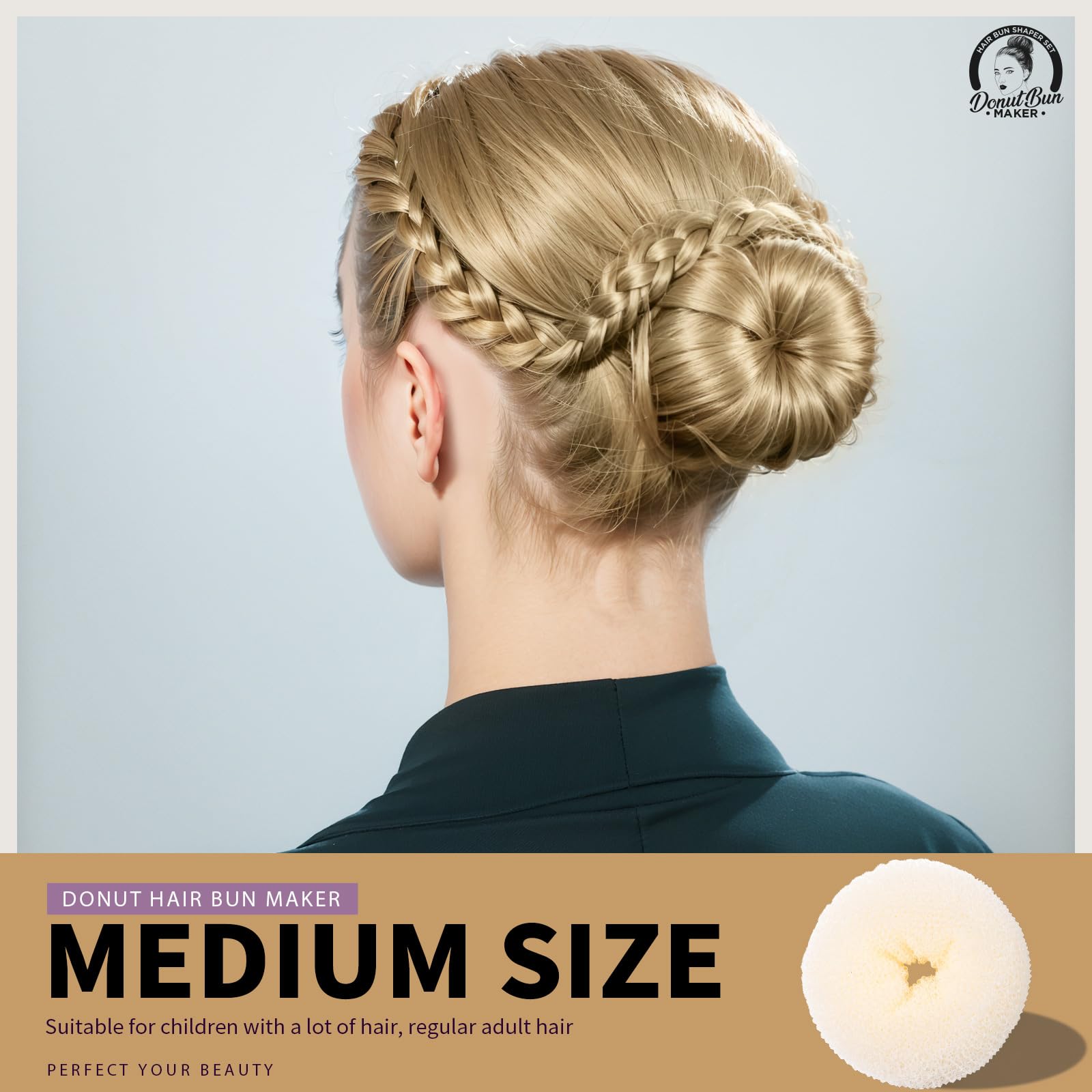Teenitor bun in use: topknot styled quickly using donut for neat finish