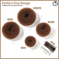 Teenitor four-size bun shapers displayed to show extra large to small benefits