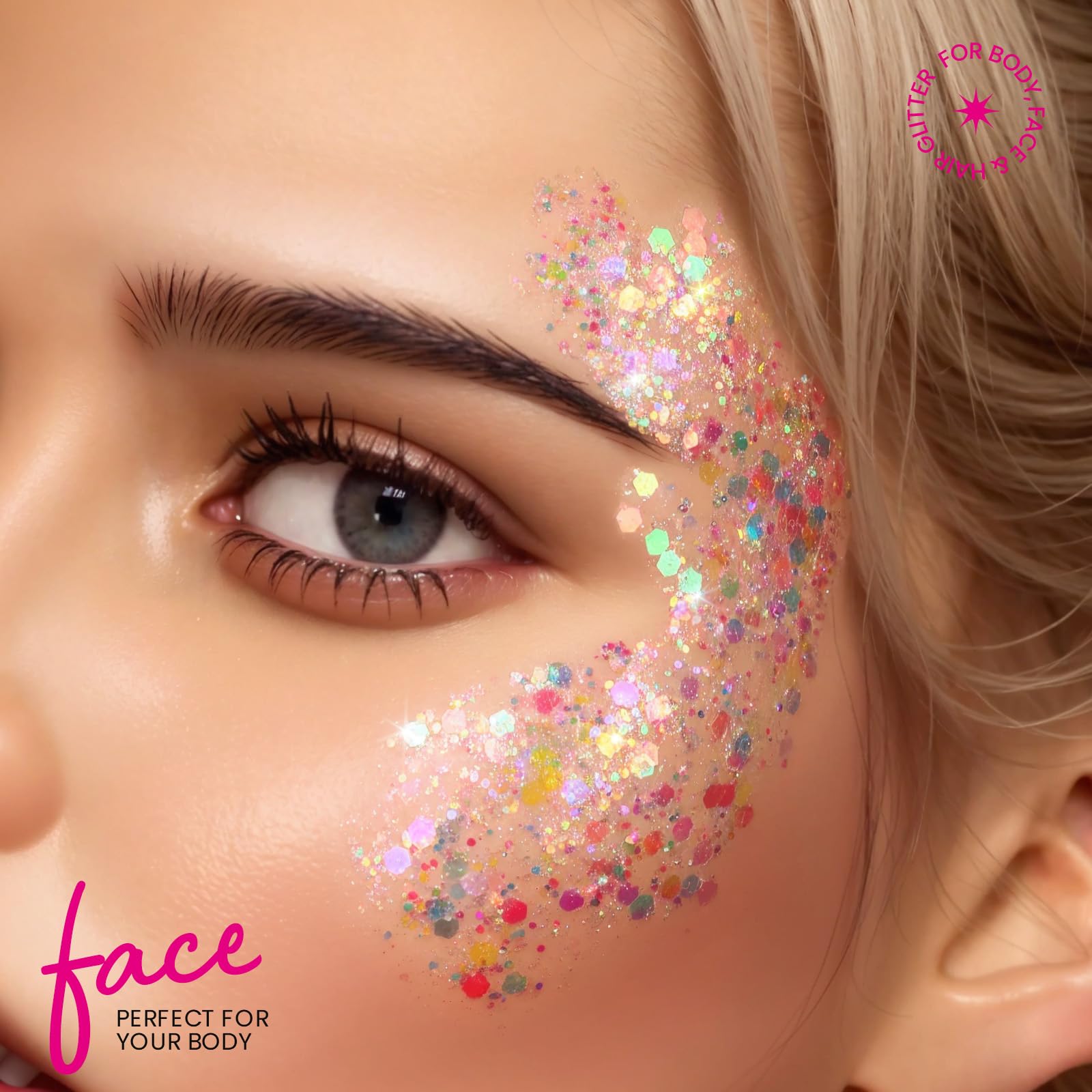 Teenitor close-up chunky flakes emphasizing dimensional sparkle and bold reflective effect