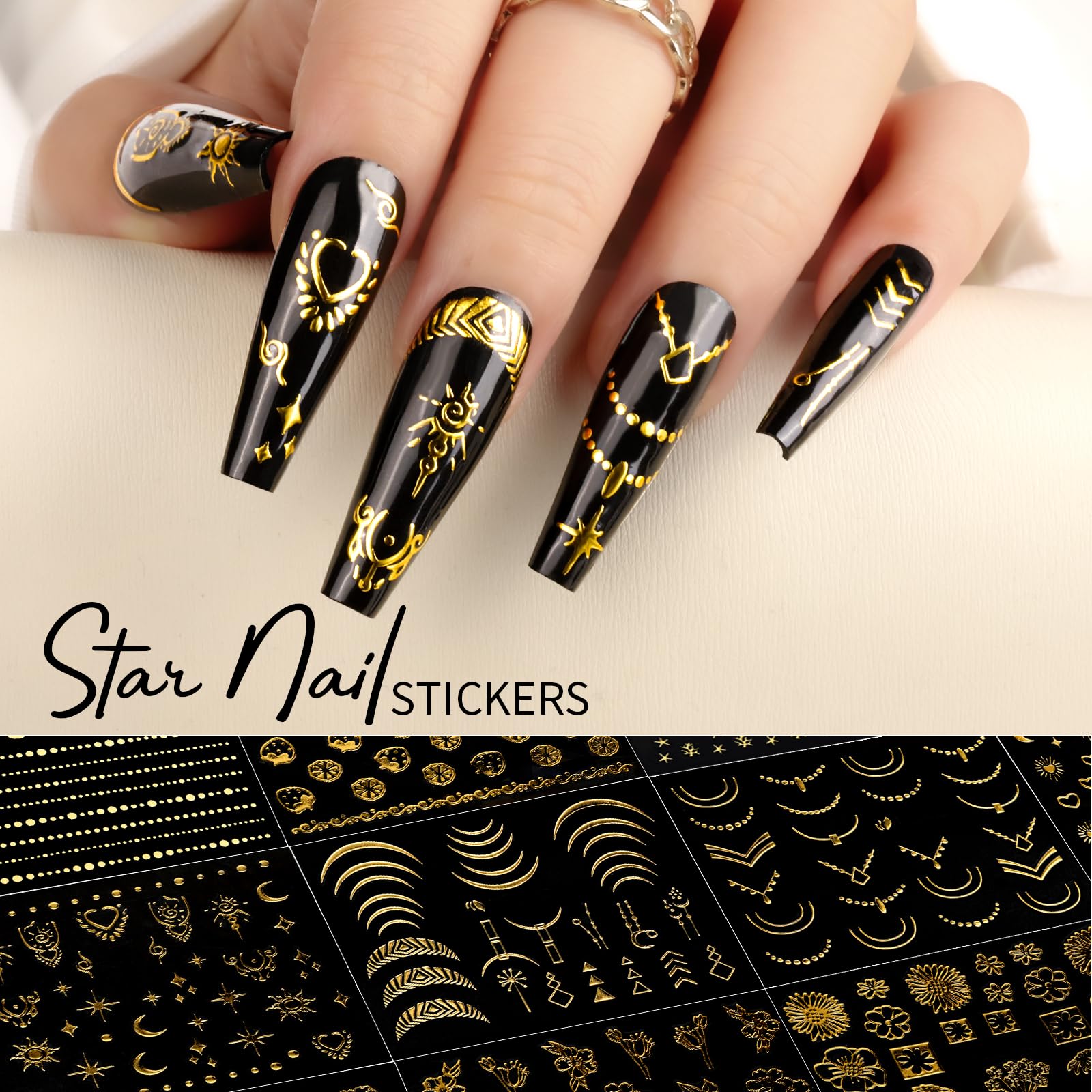 Teenitor close-up of lace and line stickers illustrating fine gold detail