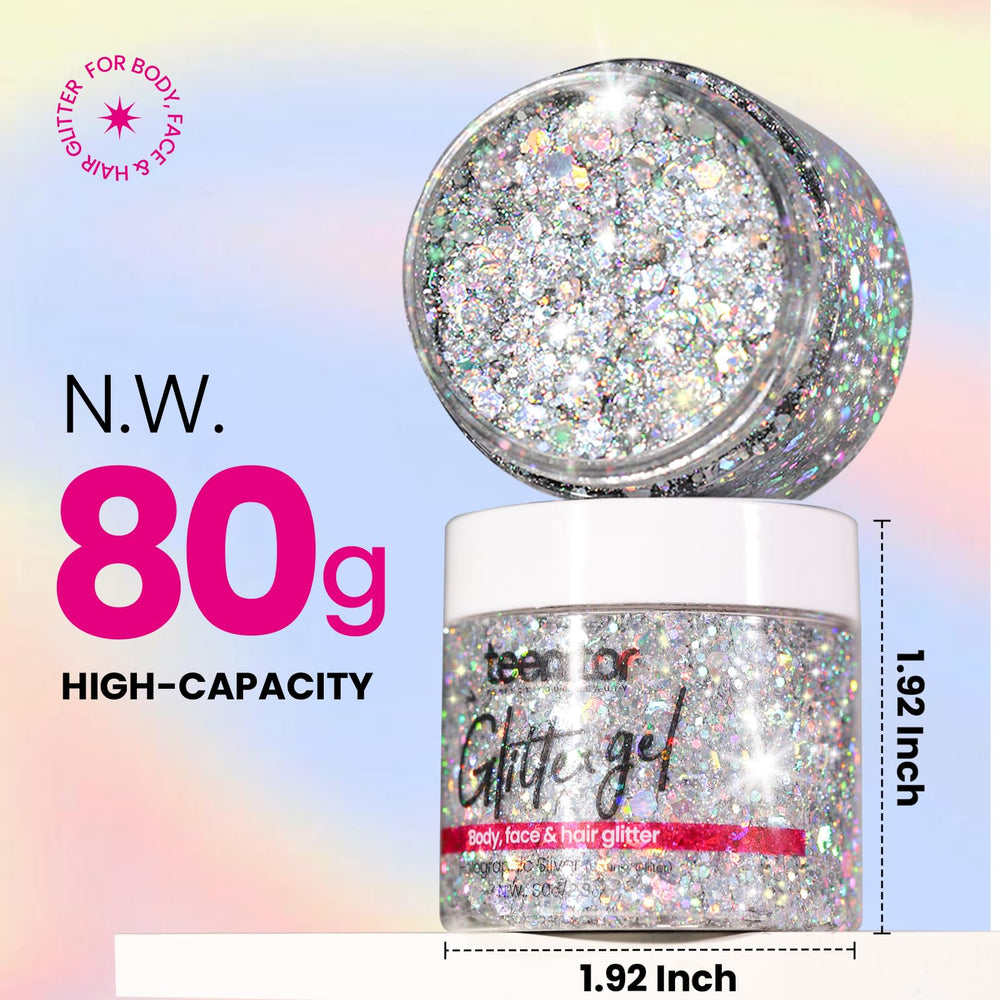Teenitor close-up of chunky glitter texture, highlights bold holographic reflectivity