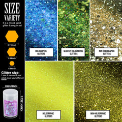 Teenitor close-up showing chunky hexagon holographic glitter texture with sparkle