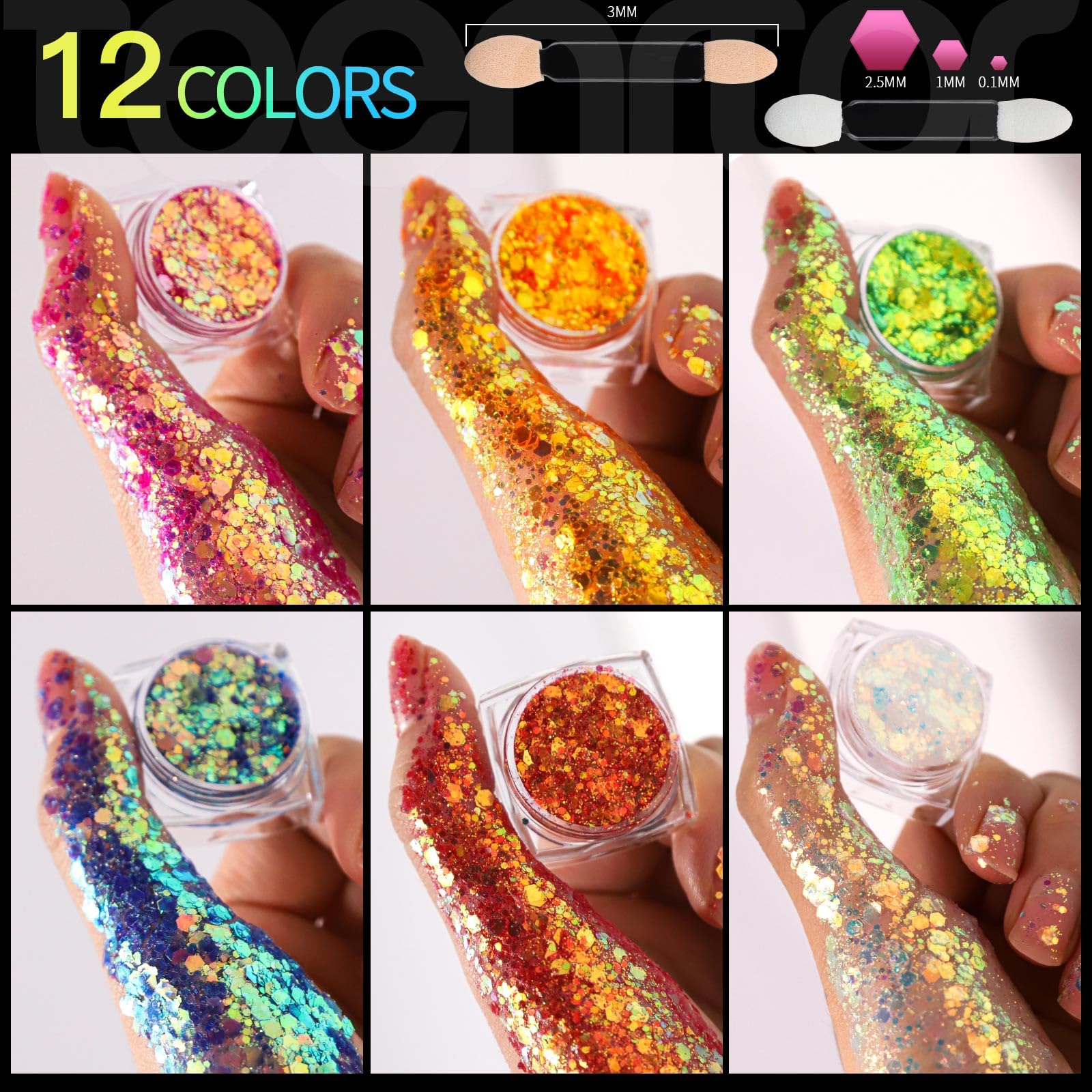 Teenitor close-up of chunky holographic glitter texture delivering prismatic shine
