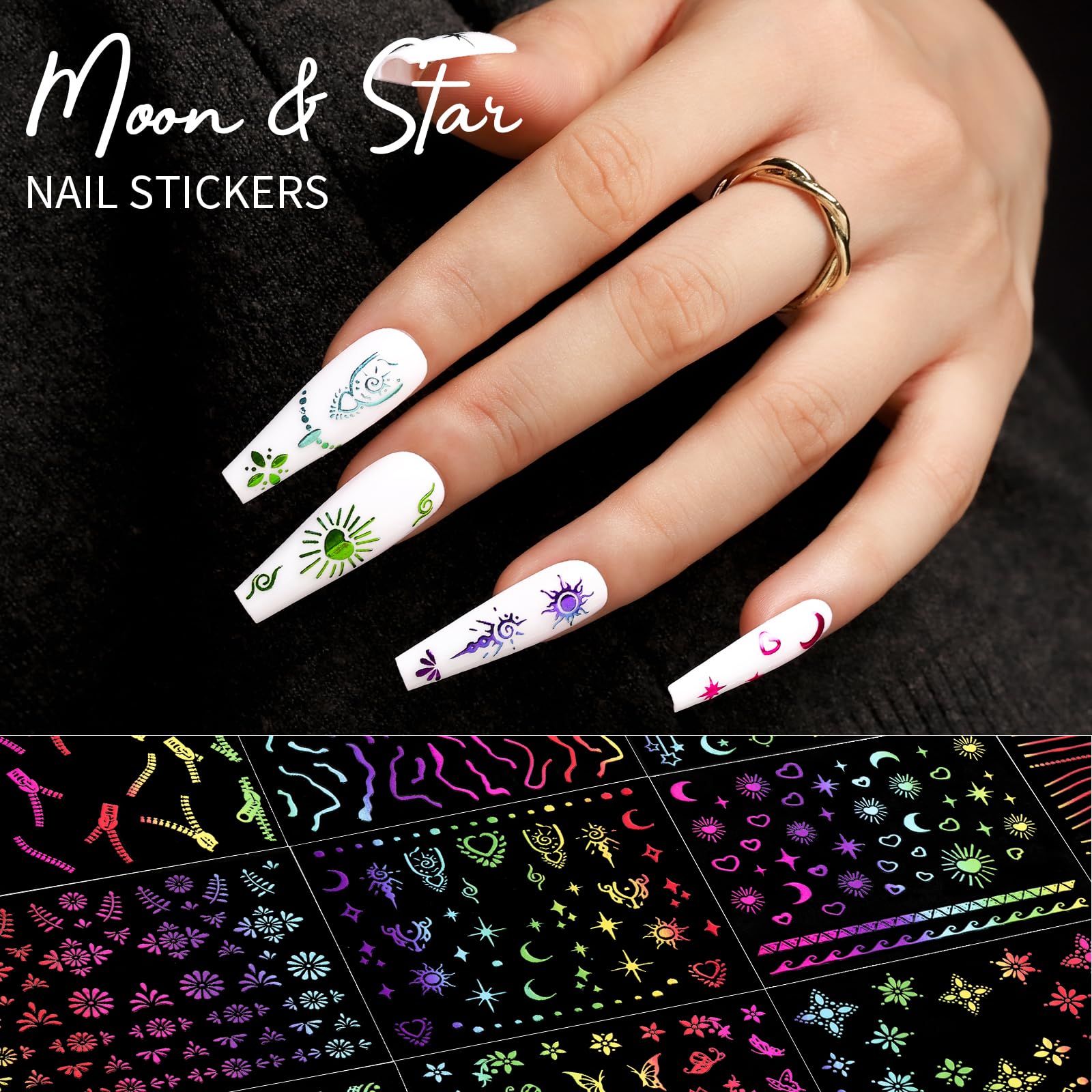 Teenitor close-up of rainbow sticker sheets highlighting texture and variety