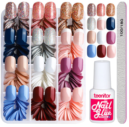 Teenitor color range overview displaying glossy, glitter and French sets for variety