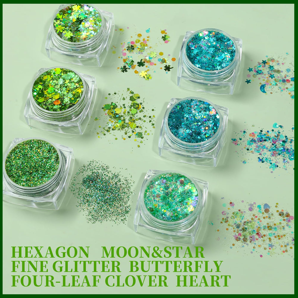 Teenitor festival face and body look showcasing bold green sparkle for standout effect
