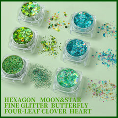 Teenitor festival face and body look showcasing bold green sparkle for standout effect