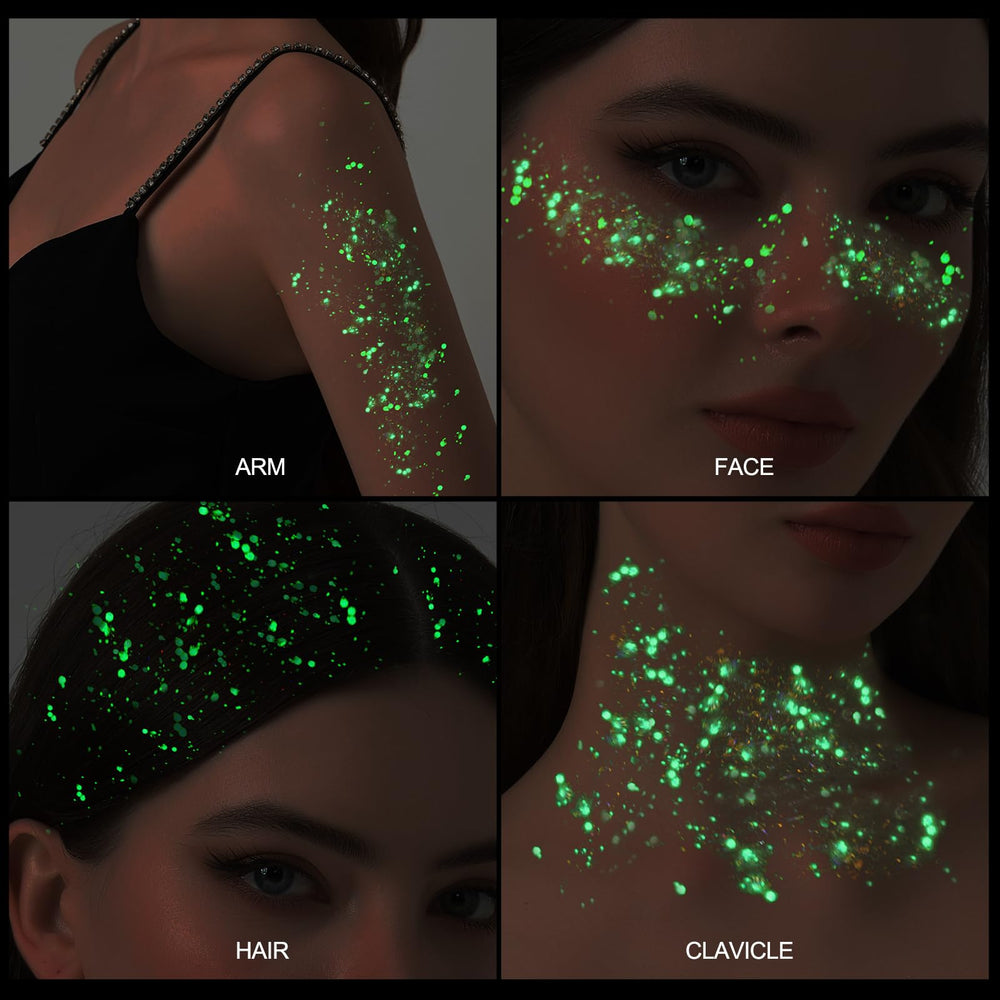 Teenitor festival lifestyle shot wearing glitter that glows under UV light