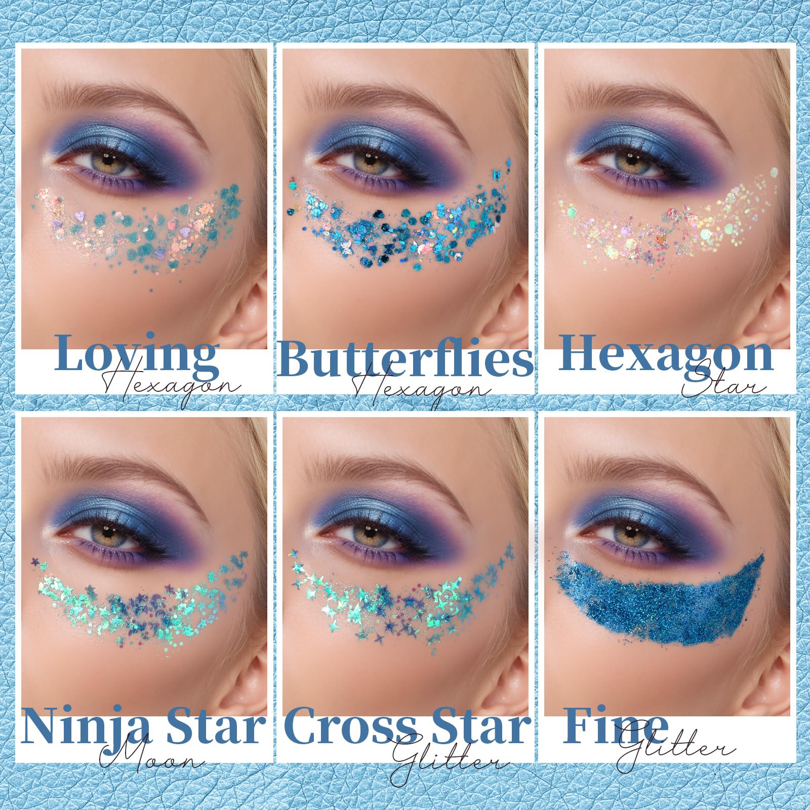 Teenitor model at festival wearing blue glitter for eye-catching reflective sparkle