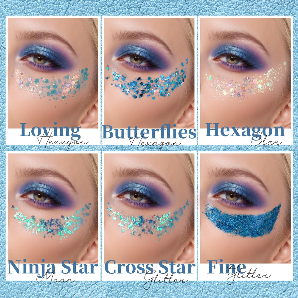 Teenitor model at festival wearing blue glitter for eye-catching reflective sparkle