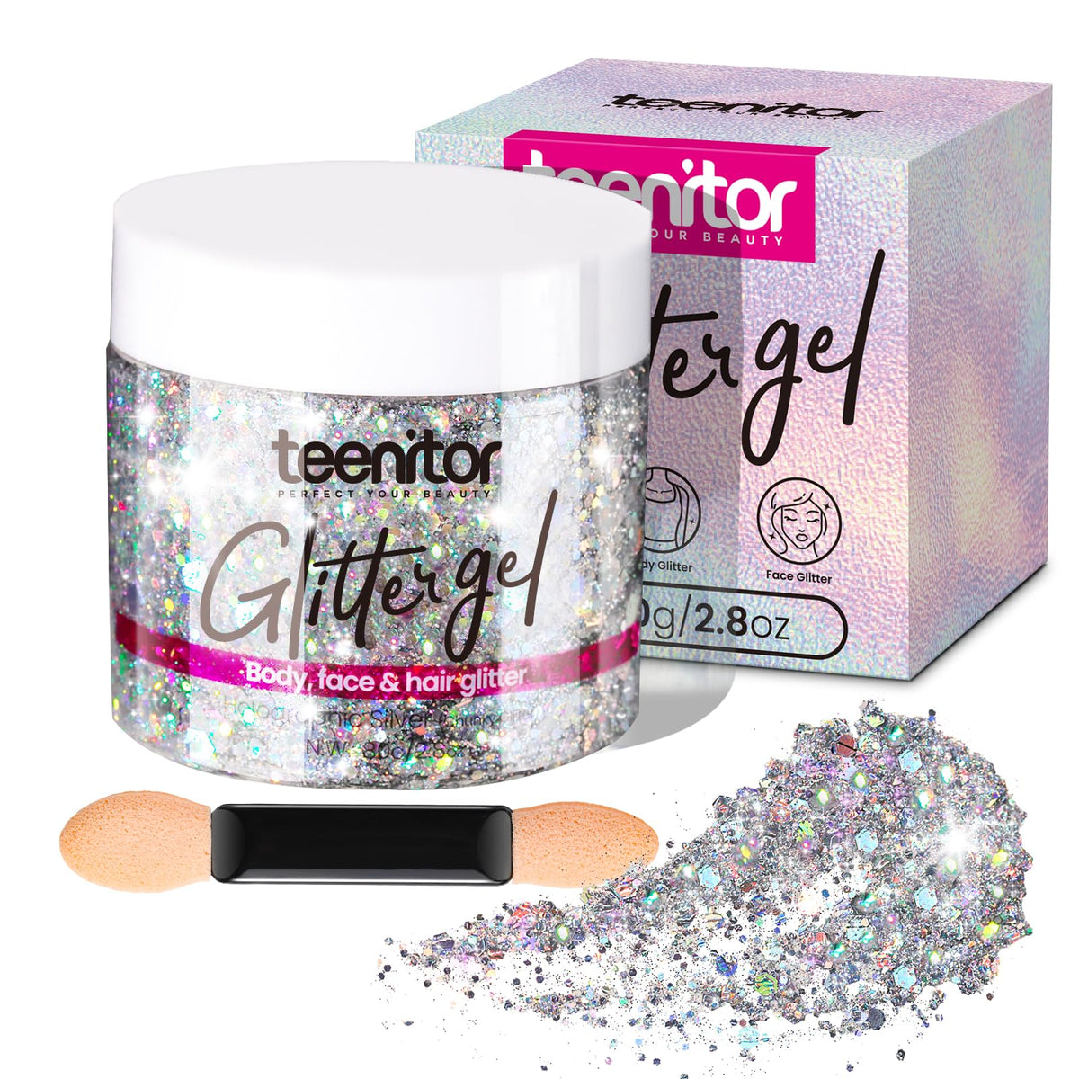 Teenitor front bottle showing silver glitter gel, clear benefits of travel-sized sparkle
