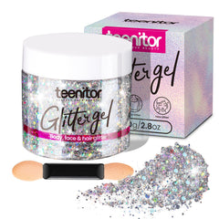 Teenitor front bottle showing silver glitter gel, clear benefits of travel-sized sparkle