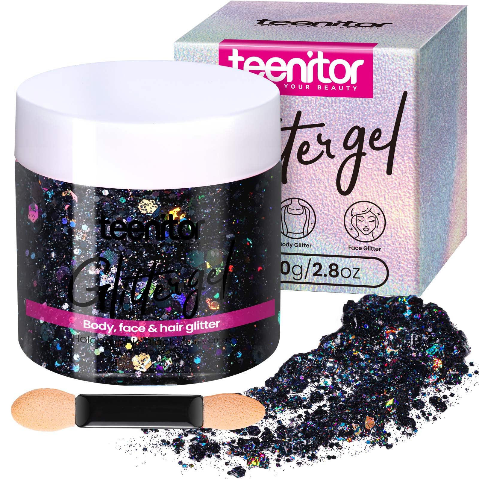 Teenitor jar front view showing holographic black glitter gel and bold packaging benefit