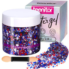 Teenitor front jar showing red white blue glitter for easy patriotic decoration