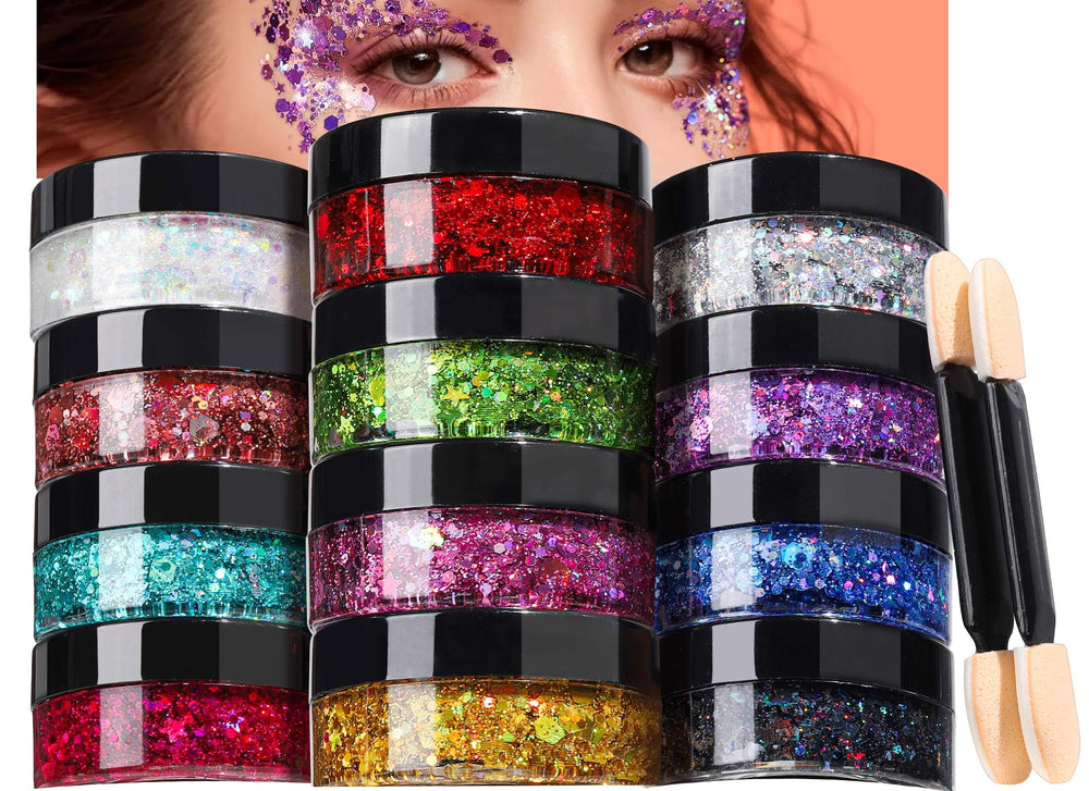 Teenitor front packaging showing 12 glitter gel jars and vibrant colors for festival looks