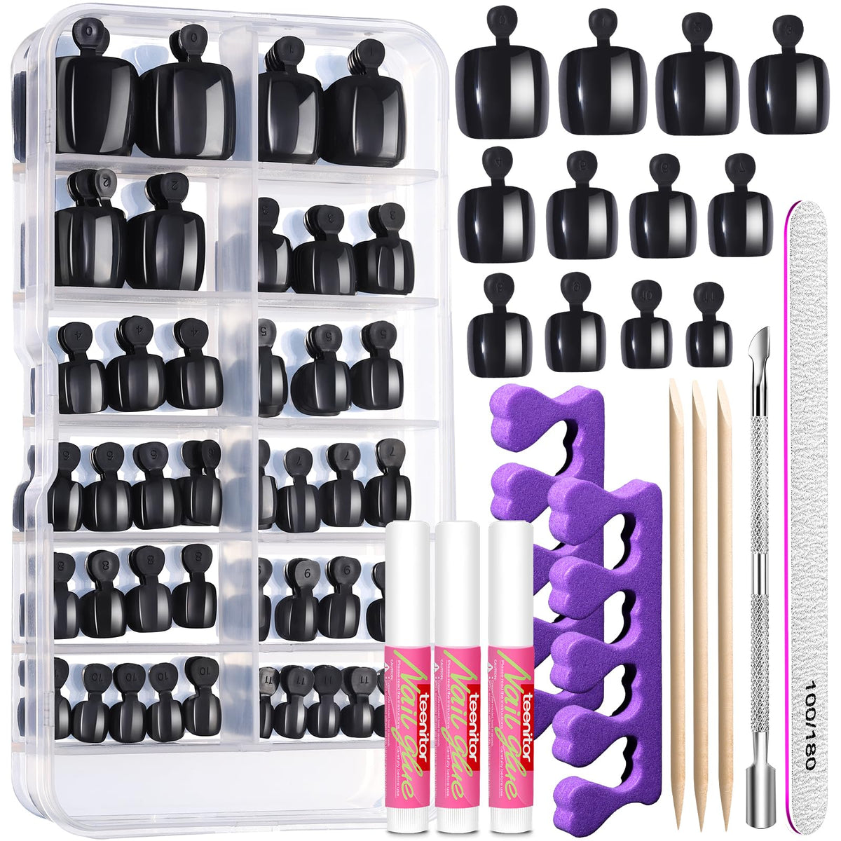 Teenitor front packaging showing 120 black toe nails and included tools benefits quick pedicure