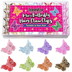 Teenitor front packaging box showing 32 glitter butterfly clips and organized storage benefit