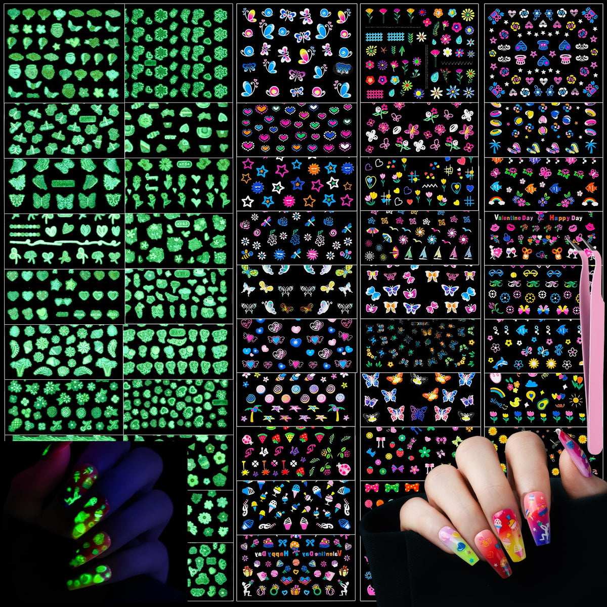 Teenitor front packaging showing 50 glow-in-the-dark nail sticker sheets and tweezer, easy selection