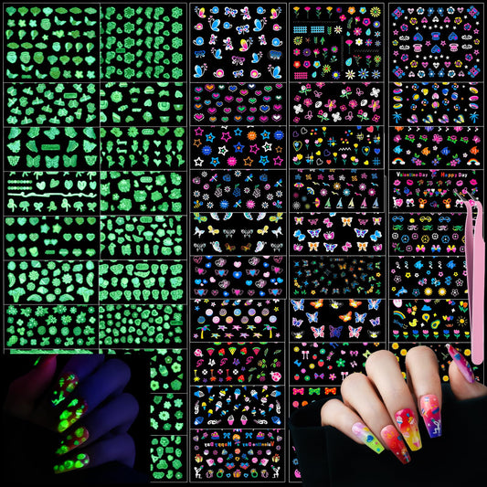 Teenitor front packaging showing 50 glow-in-the-dark nail sticker sheets and tweezer, easy selection