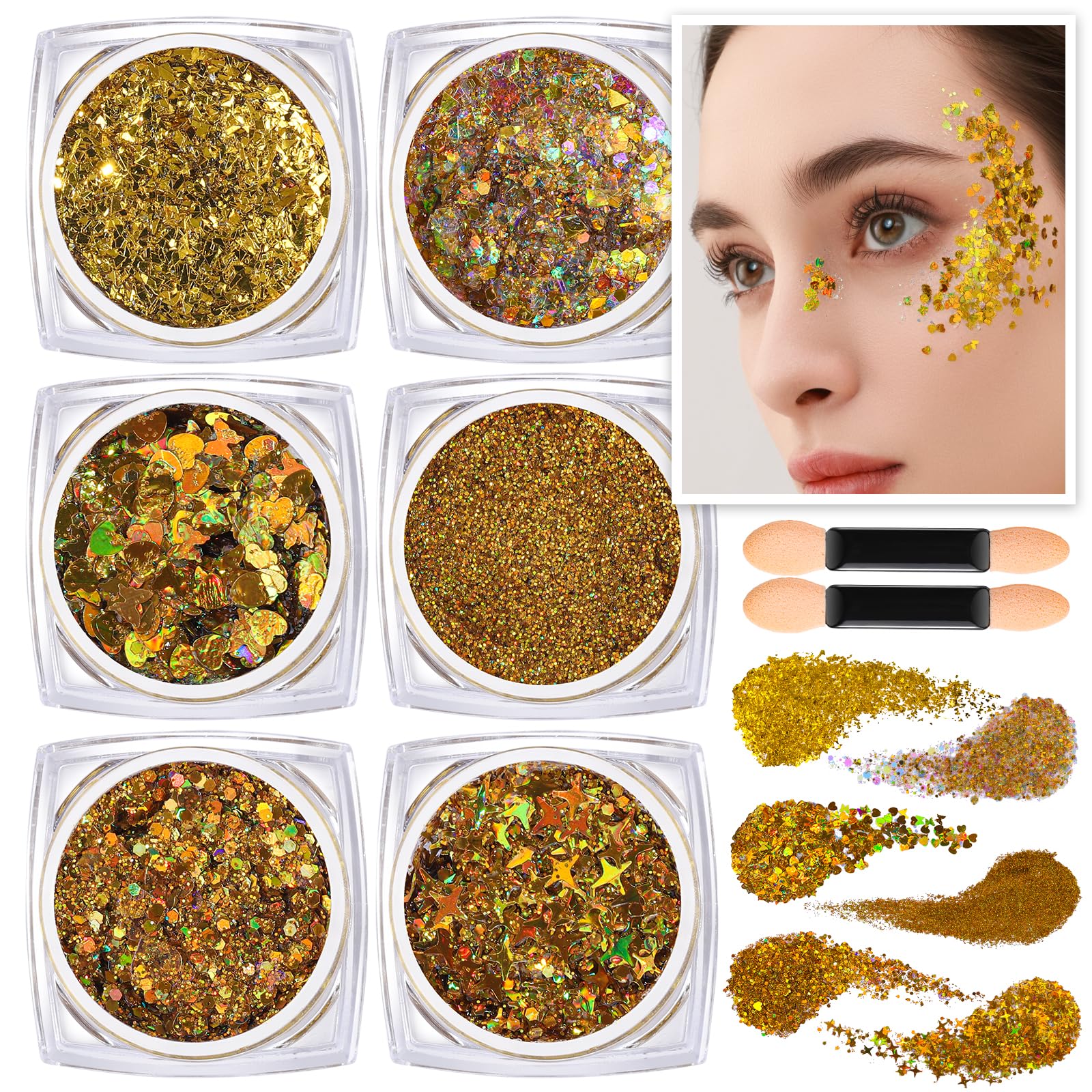 Teenitor front packaging showing six gold glitter gel jars and clear labels for easy selection and portability
