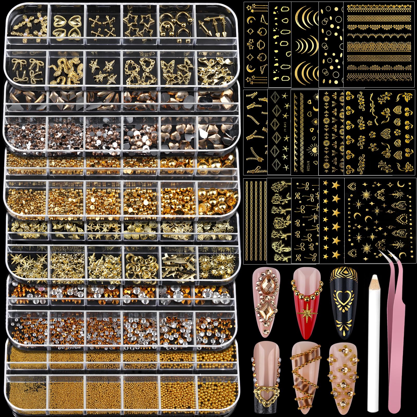 Teenitor front packaging showing full gold nail charms kit and benefits