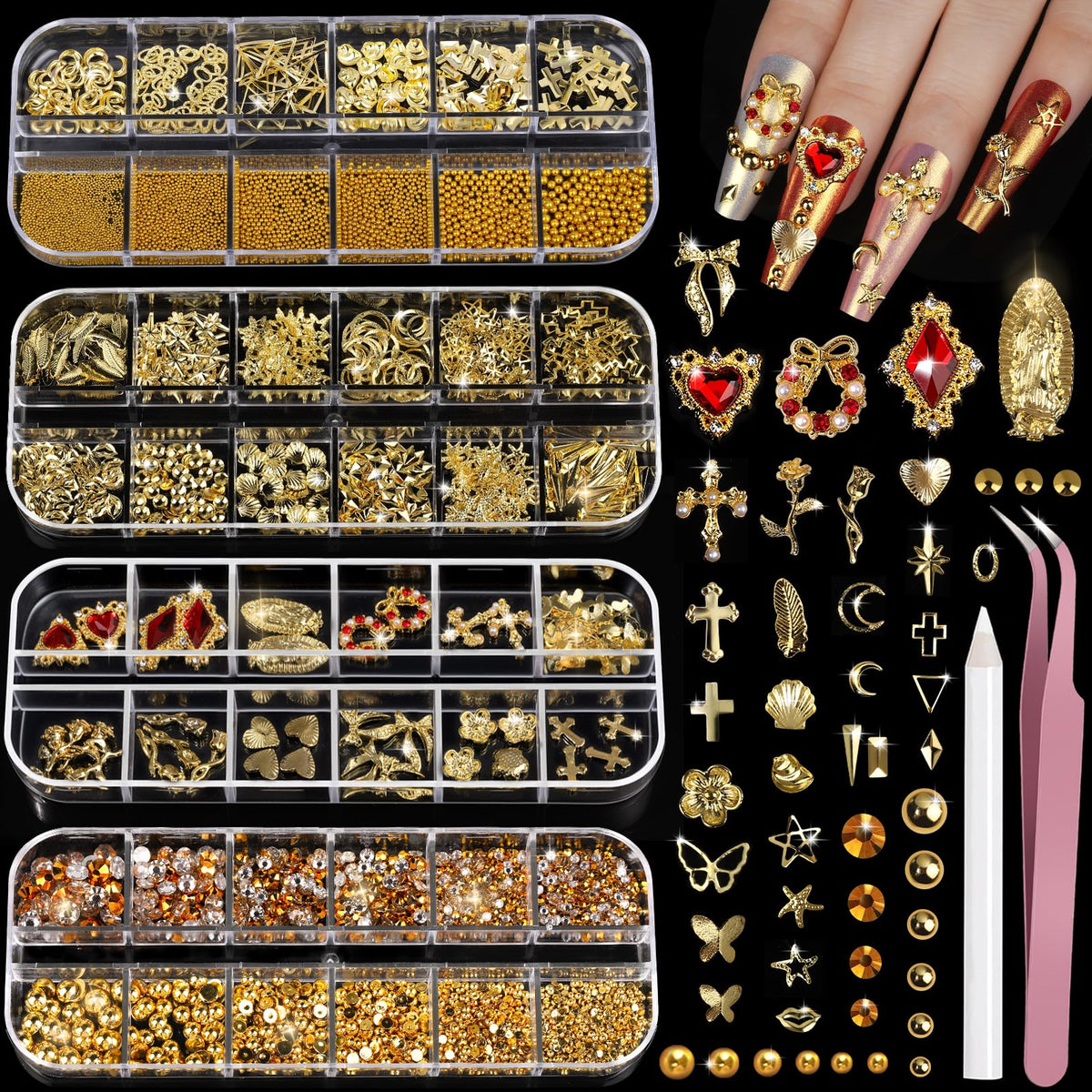 Teenitor front packaging showing full gold nail art kit and compartments, organized for convenience