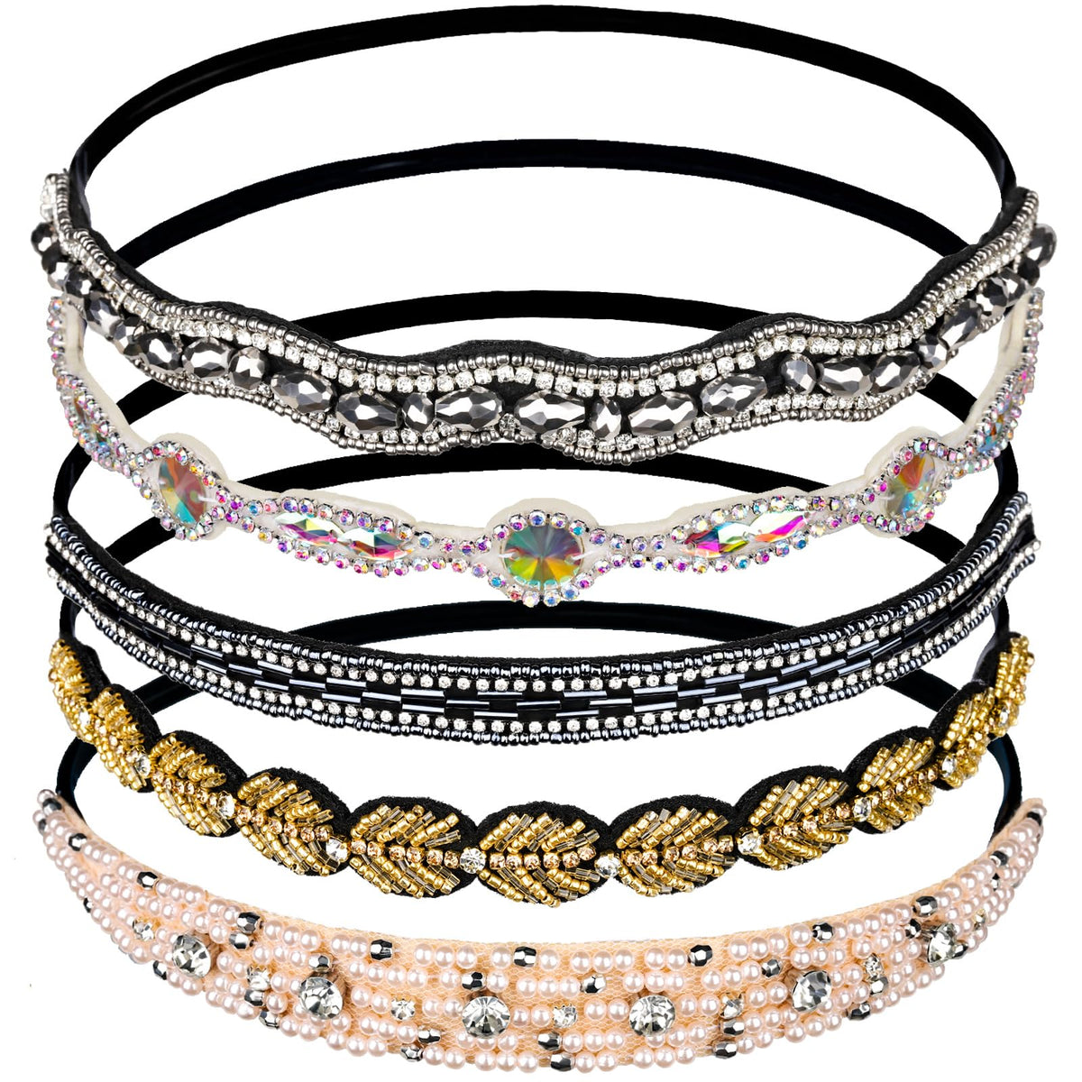 Teenitor front view of five headbands showing styles and sparkle benefit