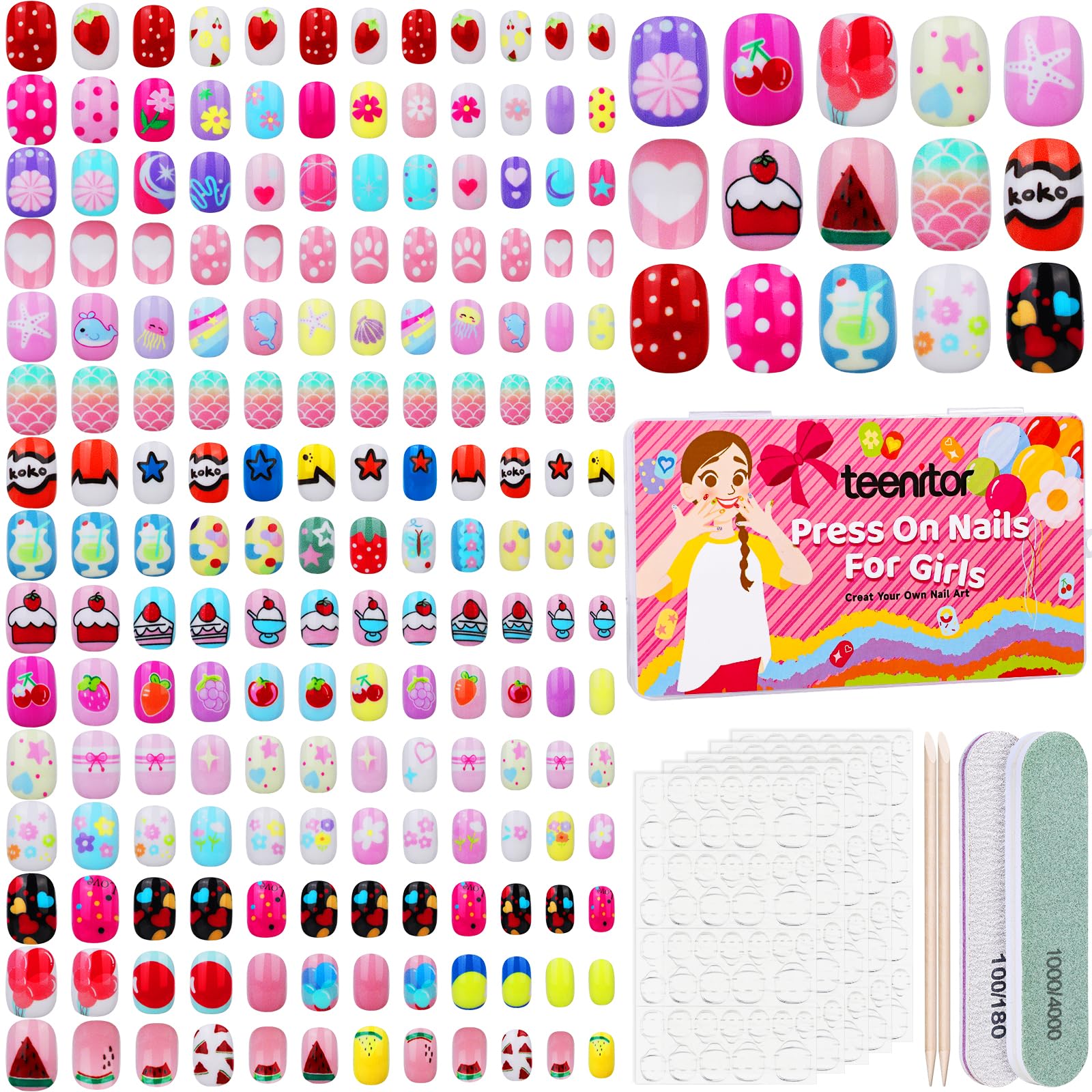 Teenitor front packaging showing colorful kids press-on nails and travel case