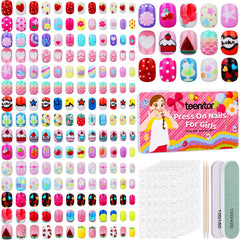 Teenitor front packaging showing colorful kids press-on nails and travel case