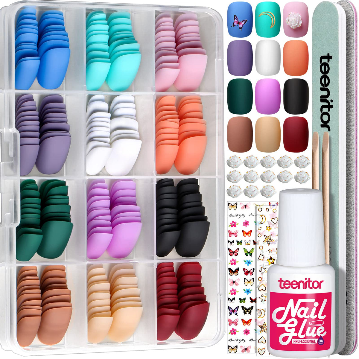 Teenitor front packaging showing organized matte nails and case, easy storage