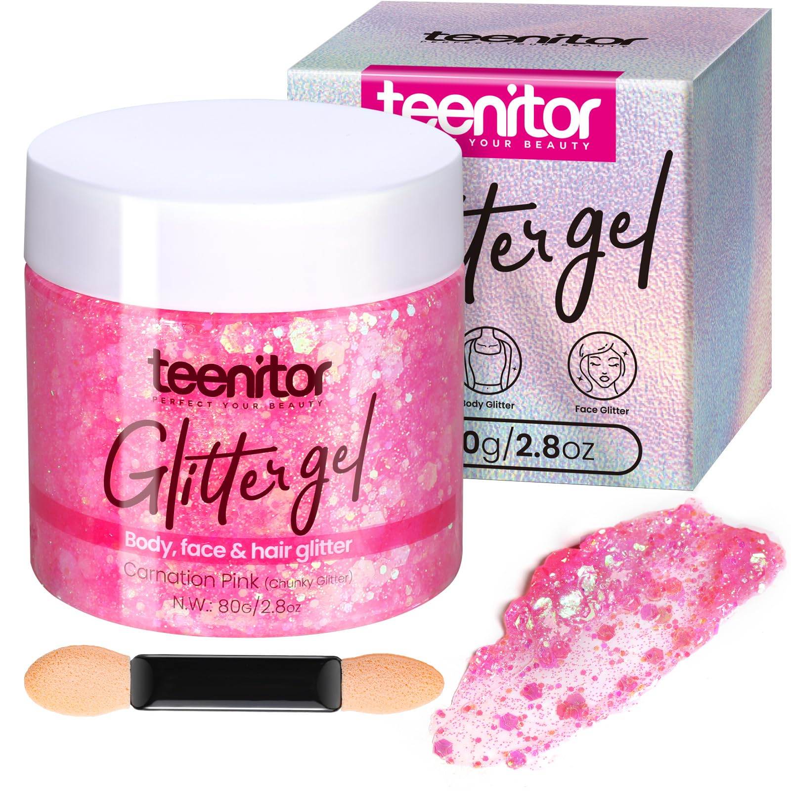 Teenitor front packaging showing pink holographic glitter gel and clear labeling for easy identification