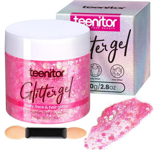 Teenitor front packaging showing pink holographic glitter gel and clear labeling for easy identification