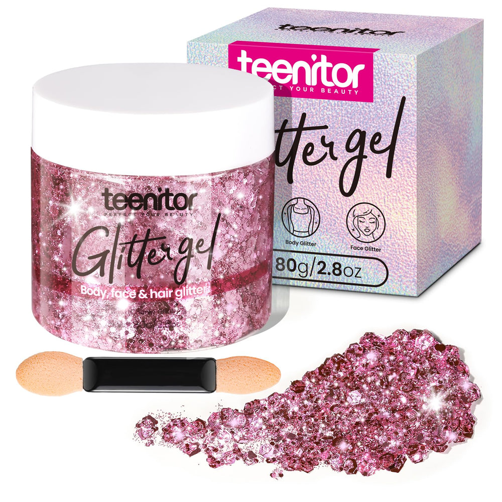 Teenitor front packaging showing pink chunky glitter gel and weight as benefit